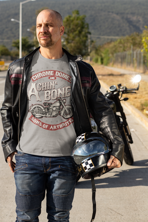 Sons of Arthritis Chrome Domes & Achin Bones Grey Biker T-Shirt (Front Only)