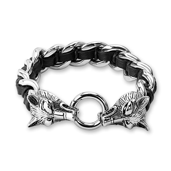 Sons of Arthritis Stainless Steel Casted Wolves Two Tone Leather and Stainless Steel Bracelets
