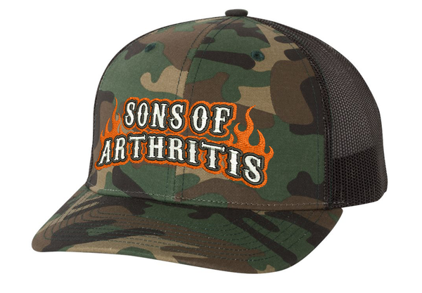 Sons of Arthritis ORANGE FLAME CAMO Trucker Cap